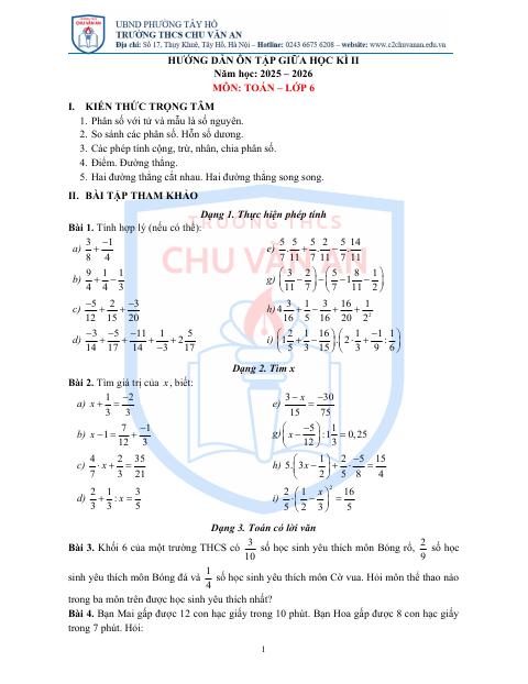 Ôn tập giữa học kì 2 Toán 6 năm 2025 – 2026 trường THCS Chu Văn An – Hà Nội